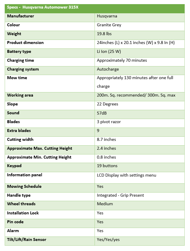 Husqvarna Automower 315X review-specs