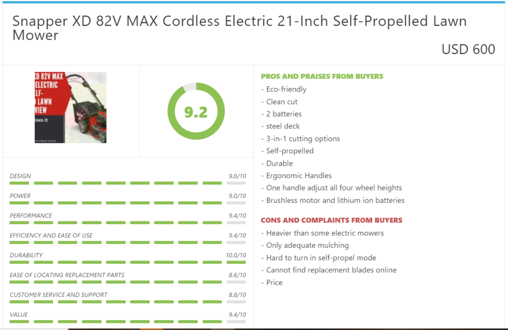 Snapper XD 82 V self propelled lawn mower review results